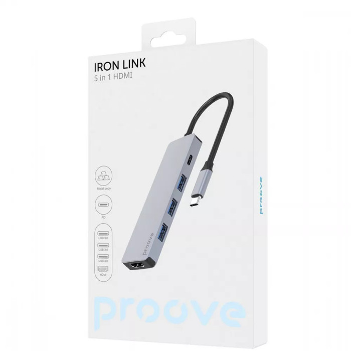 Type-C-Хаб Proove Iron Link 5 in 1 (3*USB3.0 + Type C + HDMI)