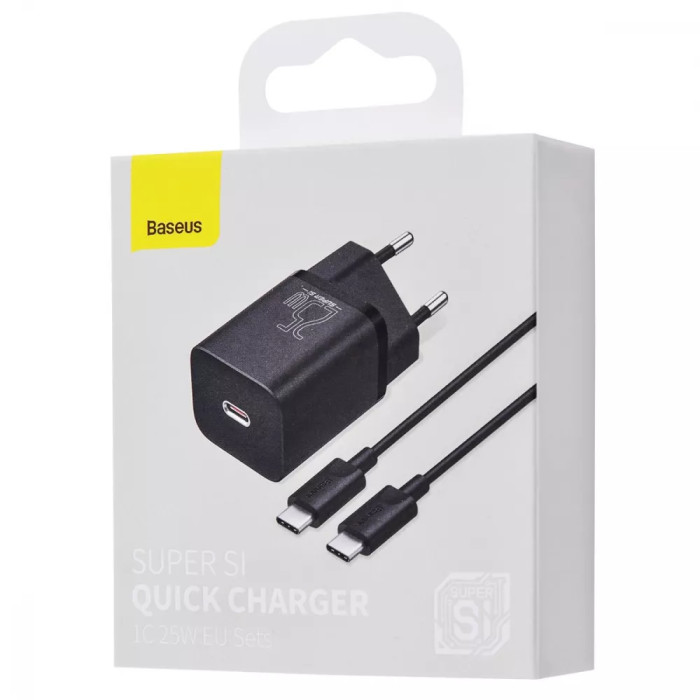 МЗП Baseus Super Silicone Quick Charger 25W (Type-C) + With Cable Type-C to Type-C 3A (1m)