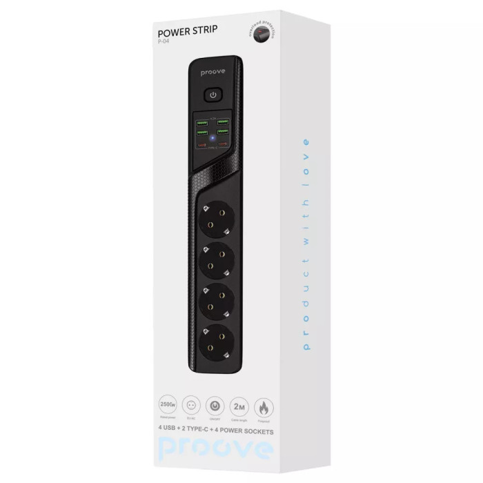 Мережевий фільтр Proove Power Strip P-04 (4 розетки + 4 USB + 2 Type-C) 2М