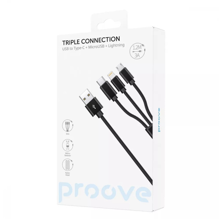 Кабель Proove Triple Connection 3 in 1 Type-C + Micro USB + Lightning (1,2m)