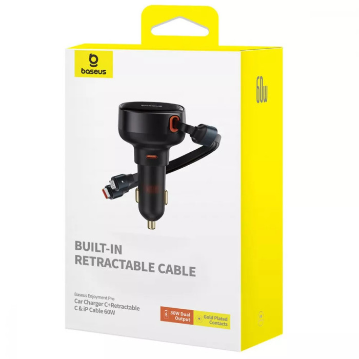 АЗП Baseus Enjoyment Pro Car Charger Type-C + Retractable C & iP Cable 60W