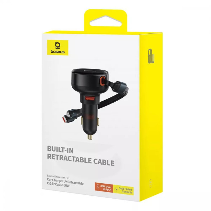 АЗП Baseus Enjoyment Pro Car Charger USB + Retractable C & iP Cable 60W