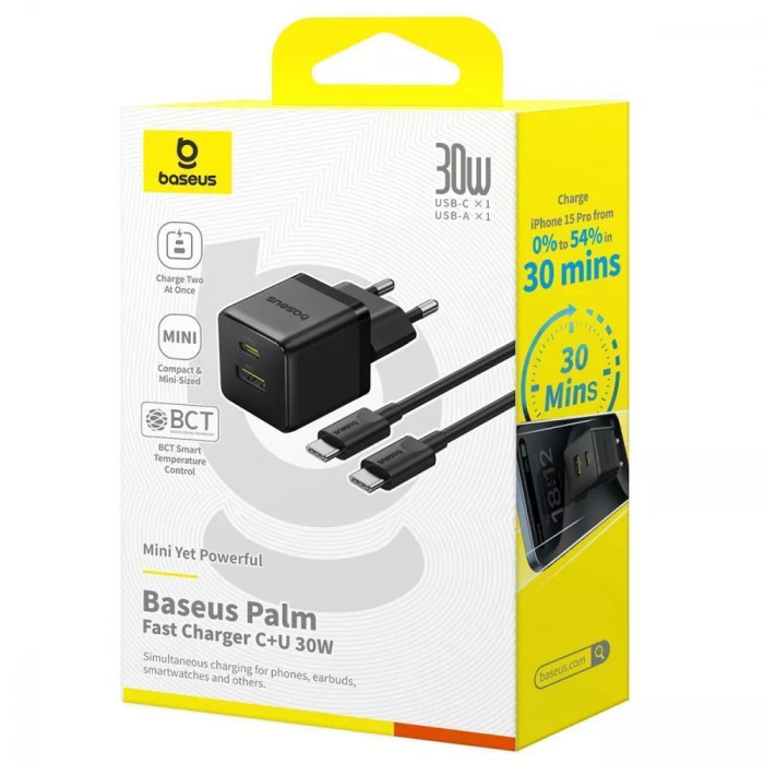 МЗП Baseus Palm Fast Charger Type-C+USB 30W (With Cable Type-C to Type-C 60W 1m)