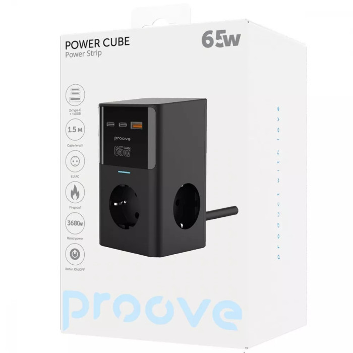 Мережевий фільтр Proove Power Cube 65W (3xAC + 2xType-C + 1xUSB) 1.5m