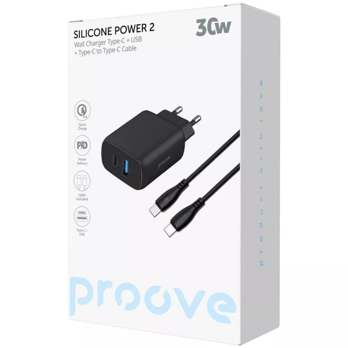 МЗП Proove Silicone Power 2 30W (Type-C + USB) + Cable Type-C to Type-C (1m)