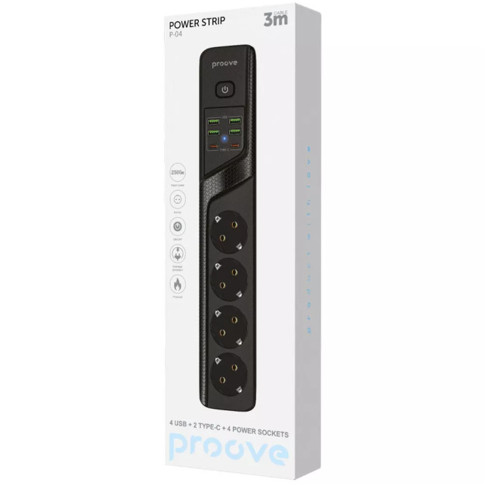 Мережевий фільтр Proove Power Strip P-04 (4 розетки + 4 USB + 2 Type-C) 3M